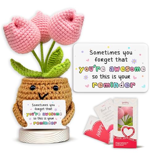 Gossby Handmade Positive Tulip Flower Crochet Sometimes You Forget Youre Awesome Inspirational Gift for Women Birthday Appreciation Positive Gift for Teacher Mom Friend Coworker - Image 1