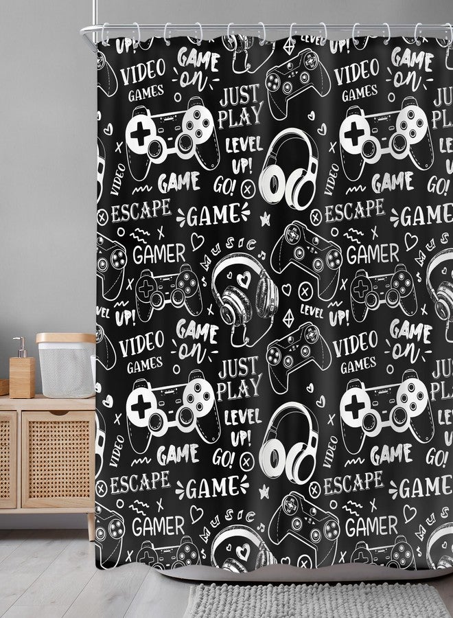 Newsely Boys Gamer Shower Curtain 72Wx72H Inch Video Games Teens Kids Black White Graffiti Gamepad Gaming Controller Shower Curtain Bathroom Set Cool Waterproof Bath Decoration Accessories Home Decor - Image 1