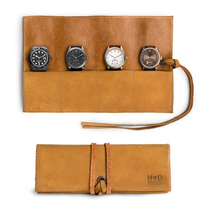 Hide & Drink Hide Drink Leather Watch Roll Organizer Handmade from Full Grain Leather Holds Up to 4 Watches Easy Carry On Watchlover Storage Old Tobacco - Image 2