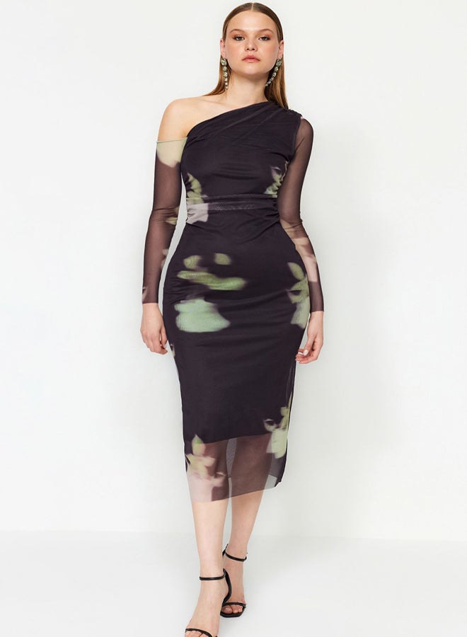 Multicolored Floral Patterned Knitted Elegant Evening Dress TPRAW24EL00295
