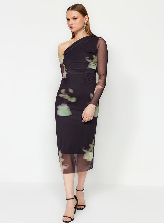 Multicolored Floral Patterned Knitted Elegant Evening Dress TPRAW24EL00295