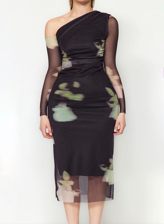 Multicolored Floral Patterned Knitted Elegant Evening Dress TPRAW24EL00295