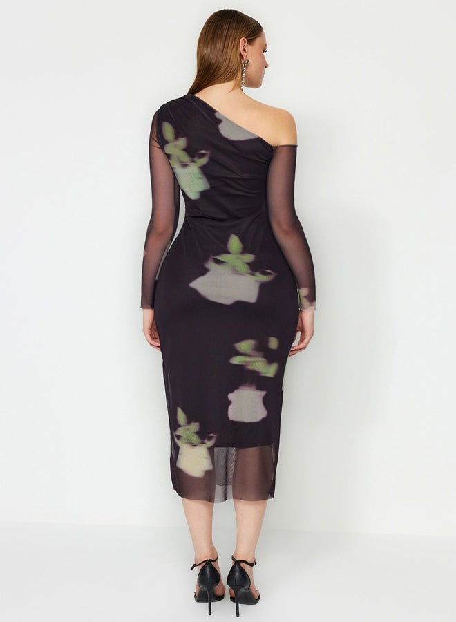 Multicolored Floral Patterned Knitted Elegant Evening Dress TPRAW24EL00295