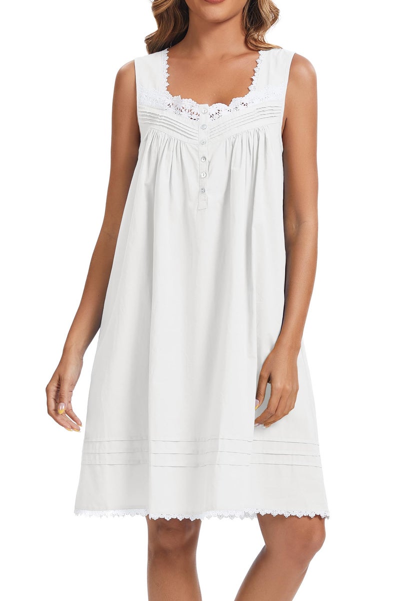 AVIIER 100% Cotton Nightgowns for Women Sleeveless Night Gown with Pockets White XL - Image 1