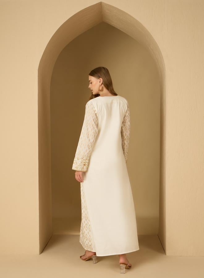 Styli Styli Foil Print V Neck Panelled Jalabiya with Embroidered Detail  - Image 5