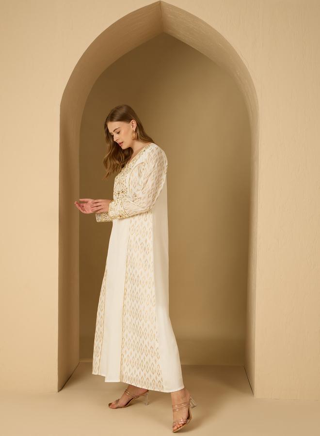 Styli Styli Foil Print V Neck Panelled Jalabiya with Embroidered Detail  - Image 3