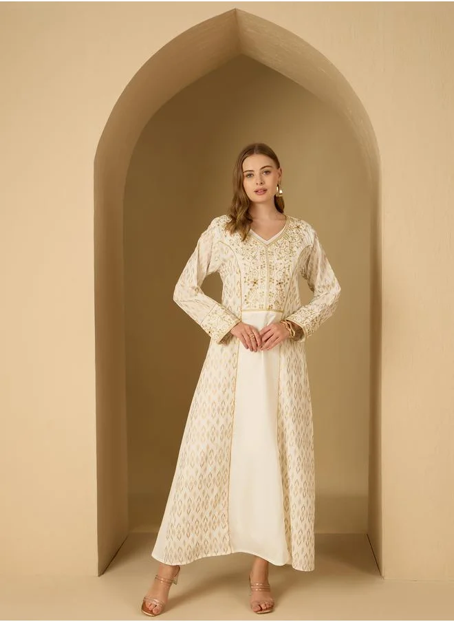 ستايلي Styli Foil Print V Neck Panelled Jalabiya with Embroidered Detail