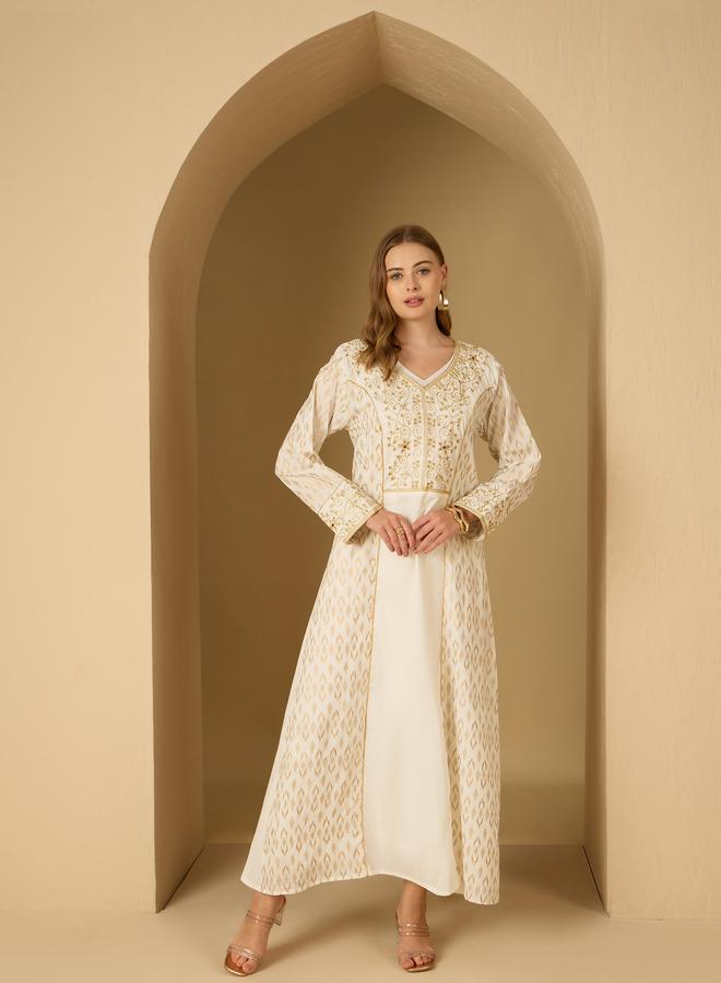 Styli Styli Foil Print V Neck Panelled Jalabiya with Embroidered Detail  - Image 2
