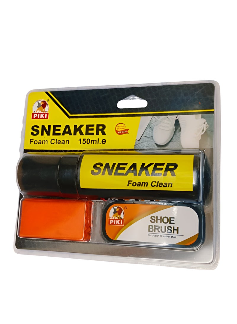 PIKI 3-in-1 Shoe Cleaner Kit – Water-Free Foam (150ml) + Brush & Cloth – Deep Clean for Sneakers, Boots & Fabric  - Image 1