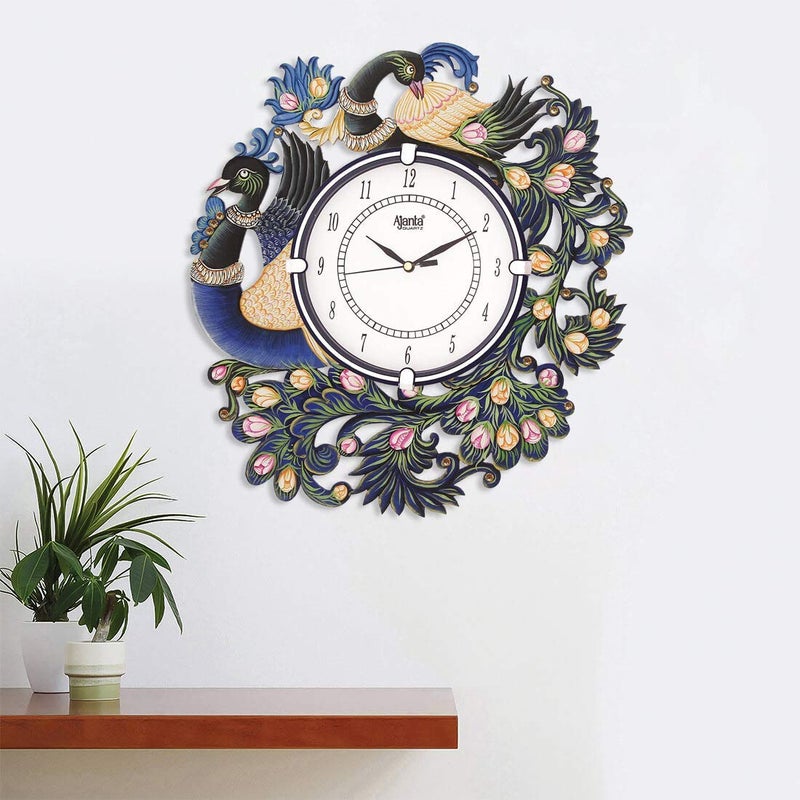 CIRCADIAN Peacock Design Wooden Wall Clock for Home Living Room Hall Office Stylish (Blue || 13X14 in) Analog - Image 3