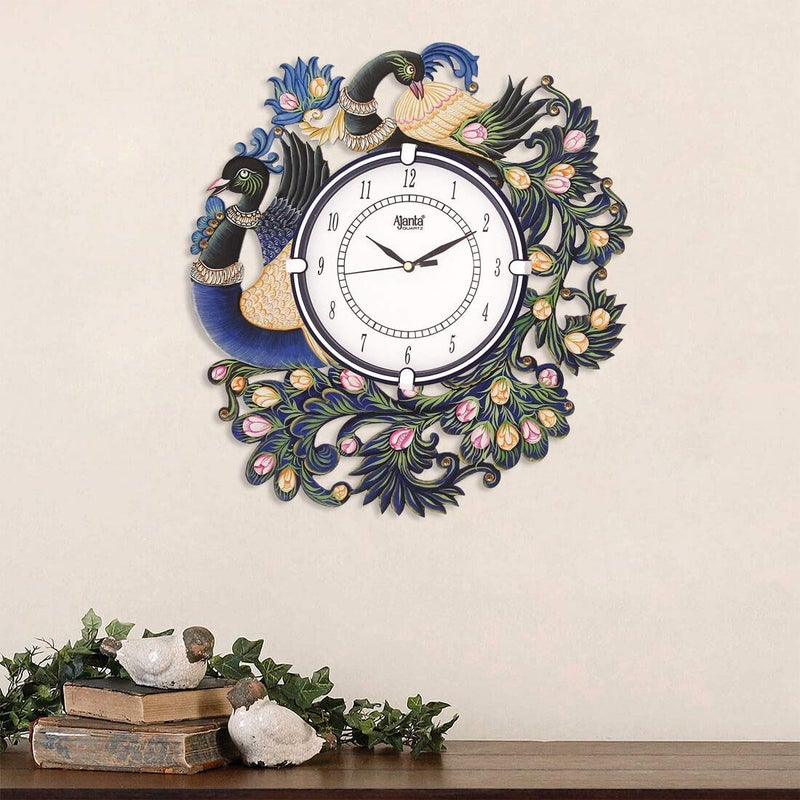 CIRCADIAN Peacock Design Wooden Wall Clock for Home Living Room Hall Office Stylish (Blue || 13X14 in) Analog - Image 4
