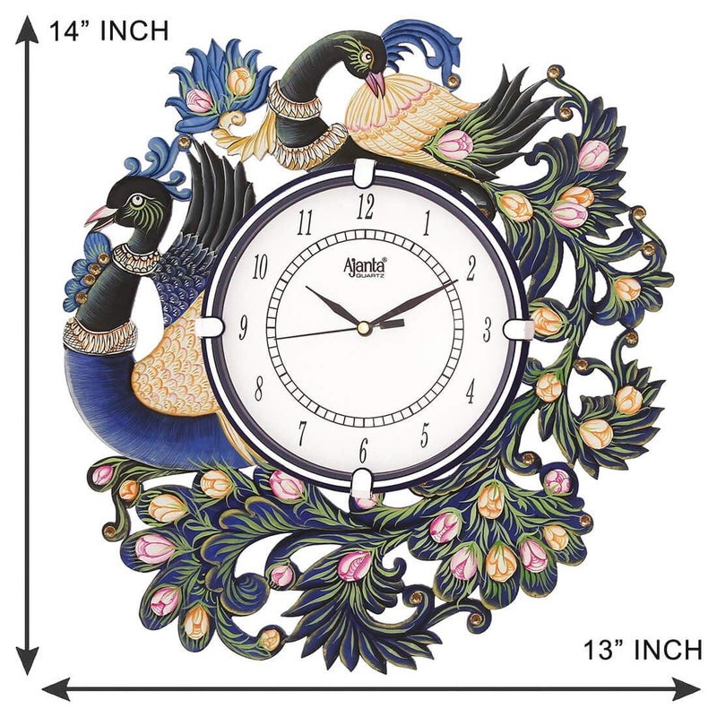 CIRCADIAN Peacock Design Wooden Wall Clock for Home Living Room Hall Office Stylish (Blue || 13X14 in) Analog - Image 2