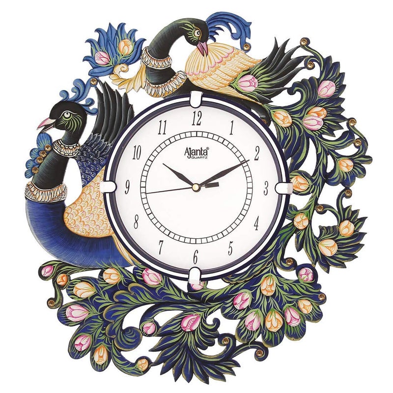 CIRCADIAN Peacock Design Wooden Wall Clock for Home Living Room Hall Office Stylish (Blue || 13X14 in) Analog - Image 1