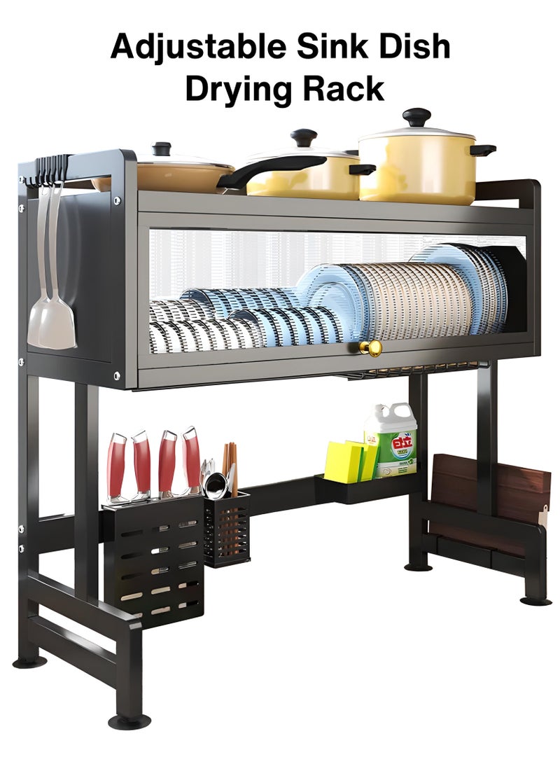 Toshionics حامل تجفيف الأطباق المزدوج الطبقة 2 طبقة فوق الحوض مع باب مضاد للغبار منظم تخزين مطبخ سطح الطاولة حاملة أدوات المائدة حاملة الأطباق حامل تصريف رف 85 سم - Image 1