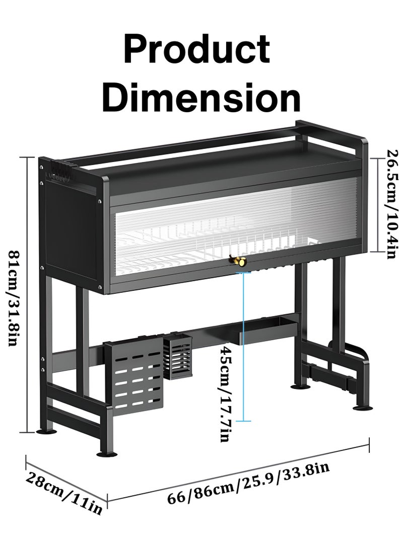 Toshionics حامل تجفيف الأطباق المزدوج الطبقة 2 طبقة فوق الحوض مع باب مضاد للغبار منظم تخزين مطبخ سطح الطاولة حاملة أدوات المائدة حاملة الأطباق حامل تصريف رف 85 سم - Image 4