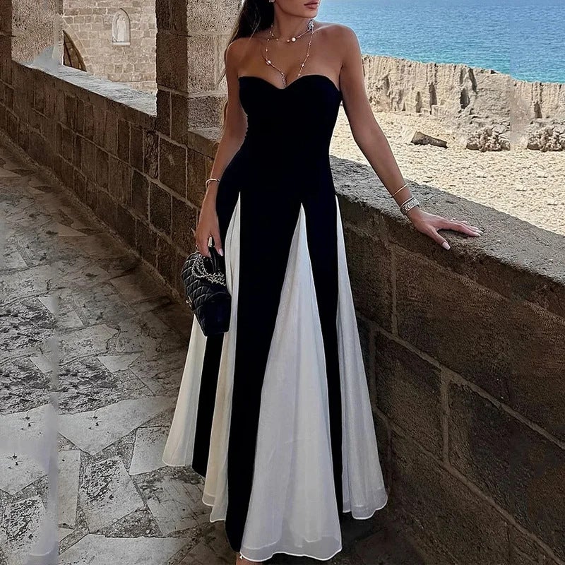 2024 Women'S Fashion Contrast Color Stitching Pure Desire Style Strapless Dress - Image 1