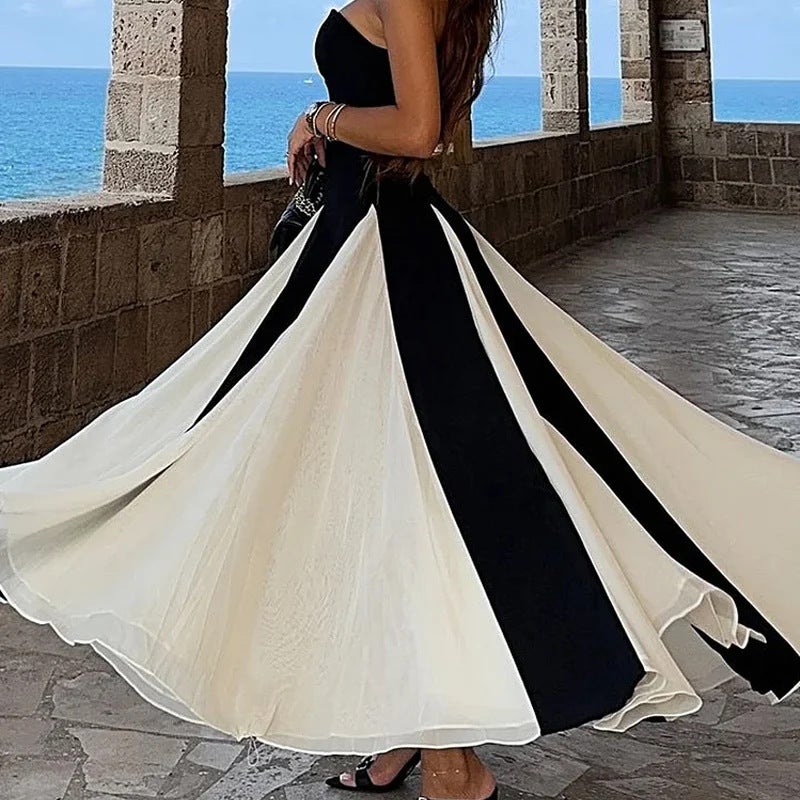 2024 Women'S Fashion Contrast Color Stitching Pure Desire Style Strapless Dress - Image 5