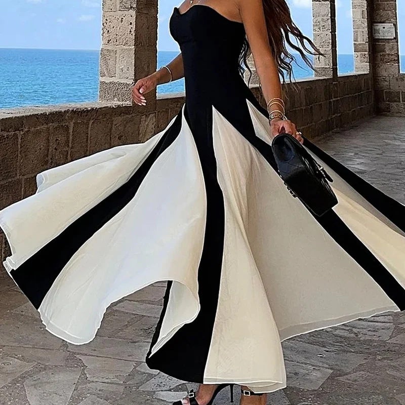 2024 Women'S Fashion Contrast Color Stitching Pure Desire Style Strapless Dress - Image 3
