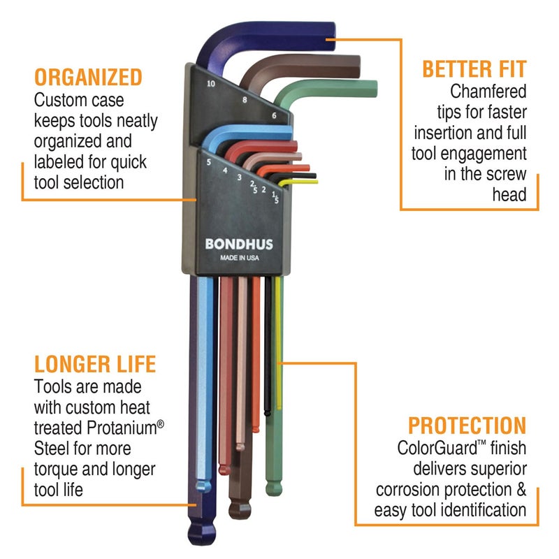 Bondhus 69499 Ball End L-Wrench Set w/ColorGuard Finish, 9 Piece, Multicolor, One Size - Image 2