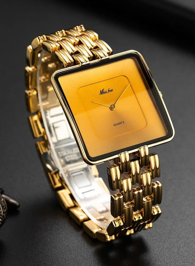 MISS FOX MISSFOX Women's Minimalist Square Watch with Gold Frame & Dial - Quartz Couple Watch for Her - Image 3
