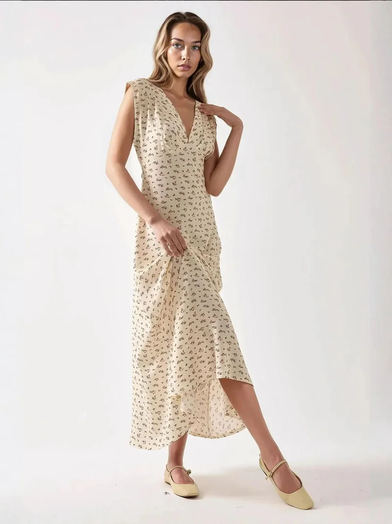 زوبعة فستان ميدي بياقة على شكل حرف  بنقشة الزهور