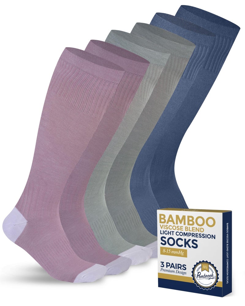 Pembrook Light Compression Socks - 3 Pairs | 8-15 mmHg Compression Socks for Women and Men | Light Green, Light Blue, Rose | Circulation Support Mens and Womens Socks, Large - Image 1