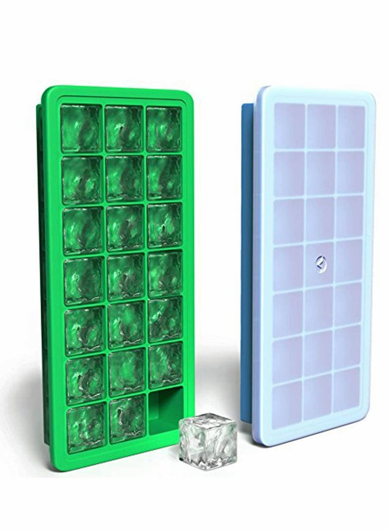 KASTWAVE Silicone Ice Cube Trays with Plastic Lids - Set of 2 with 42 Small Square Cubes - Covered Easy Pop Push Release Rubber Mold for Cocktails Dog Treats Water Bottles - Blue Green - Image 1