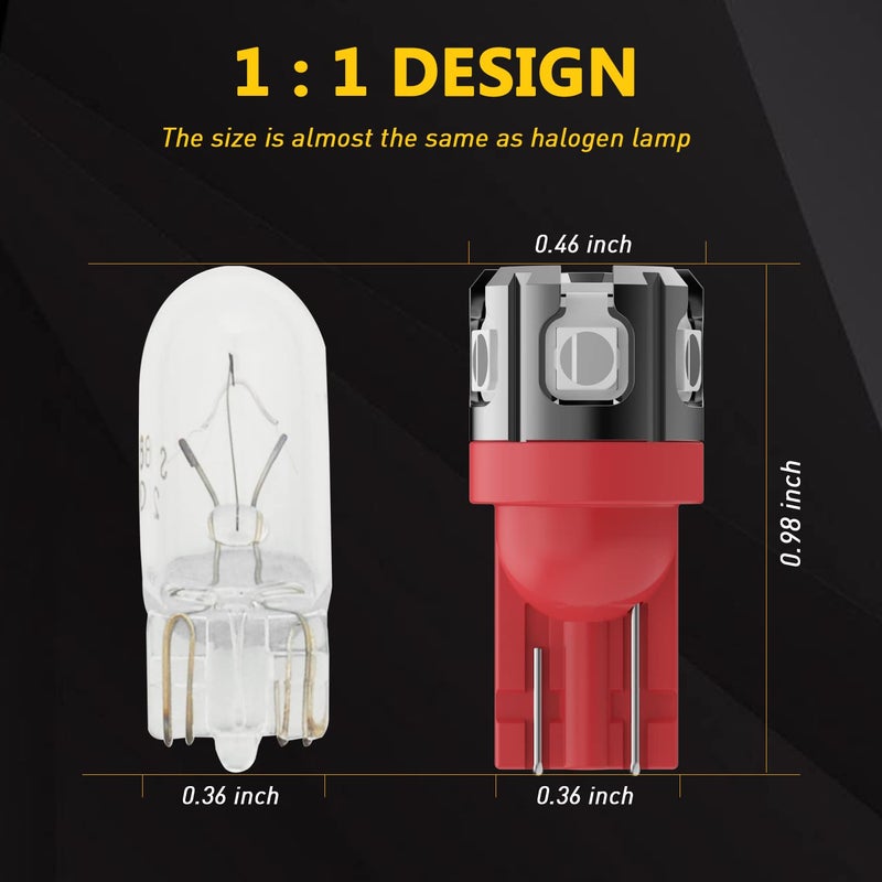 PHINLION 194 LED Light Bulb Red Super Bright 168 2825 W5W T10 Wedge 6-SMD 3030 Chipsets LED Replacement Bulbs for Car Dome Map Parking Door Courtesy Side Marker License Plate Lights - Image 4