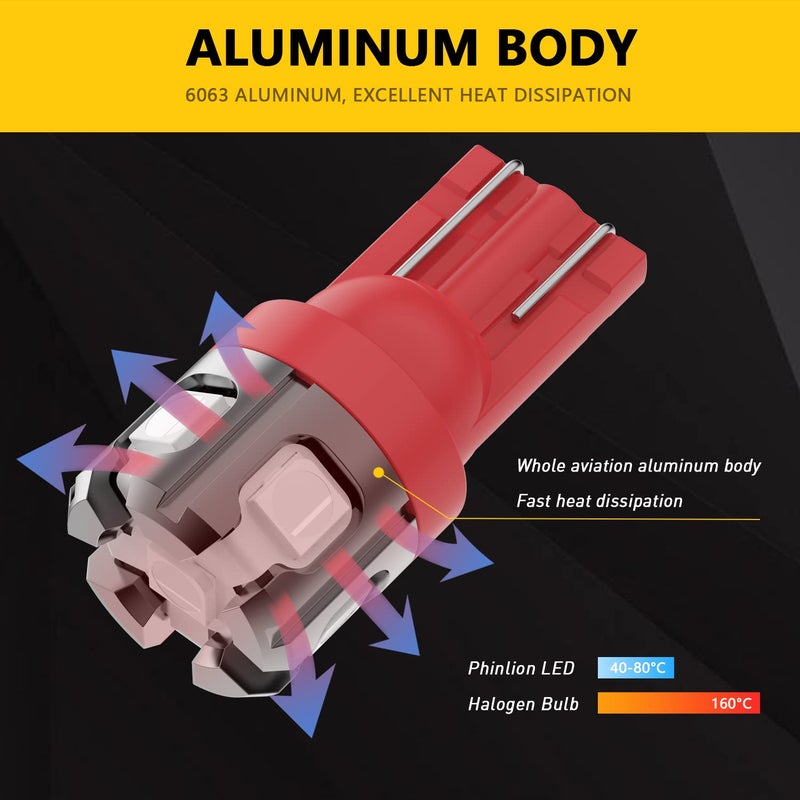 PHINLION 194 LED Light Bulb Red Super Bright 168 2825 W5W T10 Wedge 6-SMD 3030 Chipsets LED Replacement Bulbs for Car Dome Map Parking Door Courtesy Side Marker License Plate Lights - Image 3