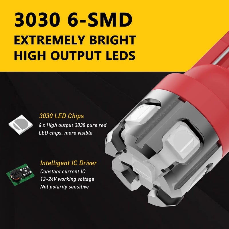 PHINLION 194 LED Light Bulb Red Super Bright 168 2825 W5W T10 Wedge 6-SMD 3030 Chipsets LED Replacement Bulbs for Car Dome Map Parking Door Courtesy Side Marker License Plate Lights - Image 2