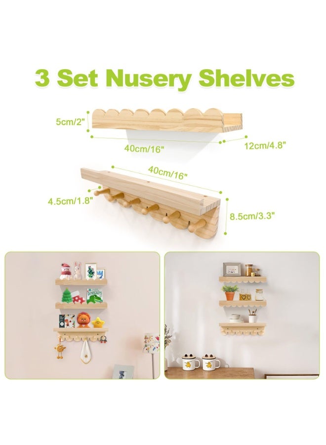 NANAO Nursery Book Shelves,3 Tier 40cm Floating Shelves Solid Wood Wall Mounted Hanging Organizer Kids Wall Scalloped Shelves Book Shelves for Bedroom Living Room Toddler Room - Image 3