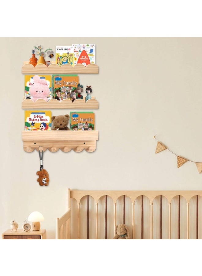 NANAO Nursery Book Shelves,3 Tier 40cm Floating Shelves Solid Wood Wall Mounted Hanging Organizer Kids Wall Scalloped Shelves Book Shelves for Bedroom Living Room Toddler Room - Image 2