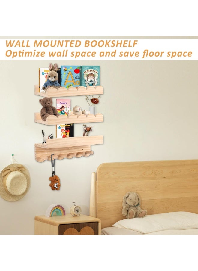 NANAO Nursery Book Shelves,3 Tier 40cm Floating Shelves Solid Wood Wall Mounted Hanging Organizer Kids Wall Scalloped Shelves Book Shelves for Bedroom Living Room Toddler Room - Image 5