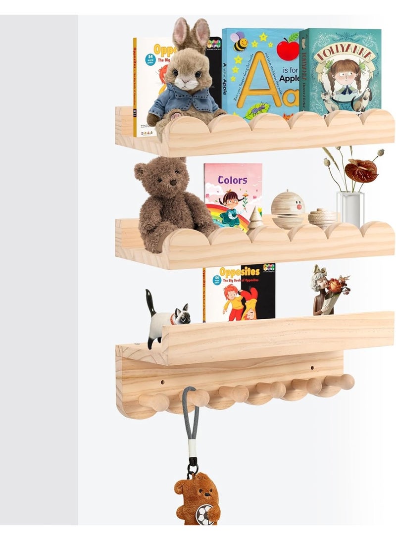 NANAO Nursery Book Shelves,3 Tier 40cm Floating Shelves Solid Wood Wall Mounted Hanging Organizer Kids Wall Scalloped Shelves Book Shelves for Bedroom Living Room Toddler Room - Image 1