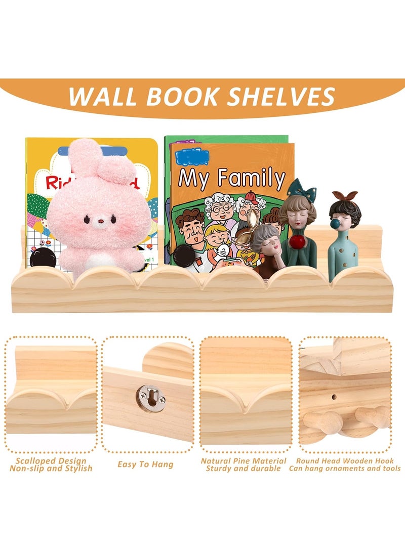 NANAO Nursery Book Shelves,3 Tier 40cm Floating Shelves Solid Wood Wall Mounted Hanging Organizer Kids Wall Scalloped Shelves Book Shelves for Bedroom Living Room Toddler Room - Image 4