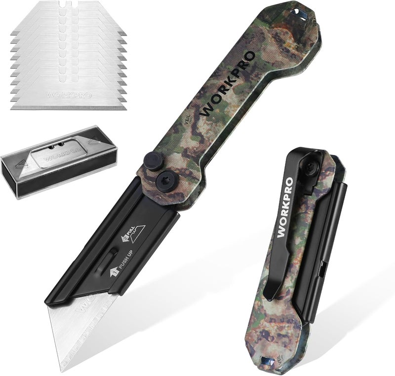 WORKPRO EDC Folding Utility Knife, Mini Box Cutter with Quick Open Axis Lock, Quick Change Blade Razor Knife, Foldable Small Pocket Knife with Belt Clip, 1 Pack with 10 Extra Blades - Image 1