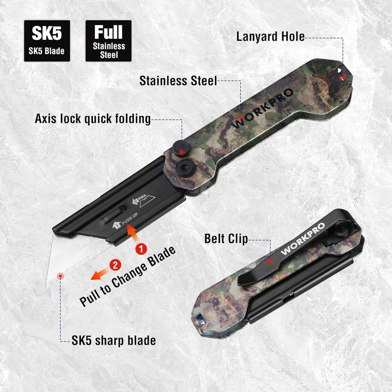 WORKPRO EDC Folding Utility Knife, Mini Box Cutter with Quick Open Axis Lock, Quick Change Blade Razor Knife, Foldable Small Pocket Knife with Belt Clip, 1 Pack with 10 Extra Blades - Image 3