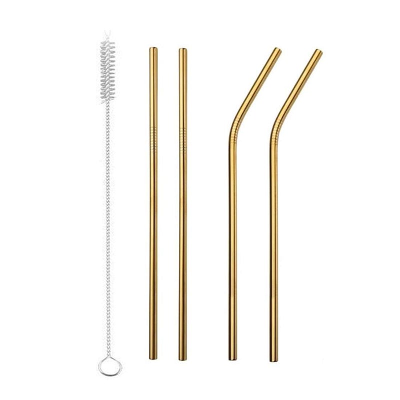 Stainless Steel Reusable Straws Gold Color - 4 Piece with Cleaning Brush - Image 1