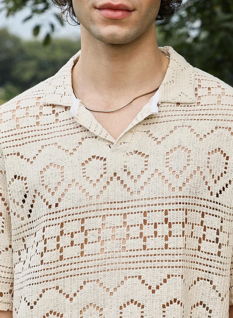 Campus Sutra Men's Off-White Bohemian Oversized Polo T-Shirt