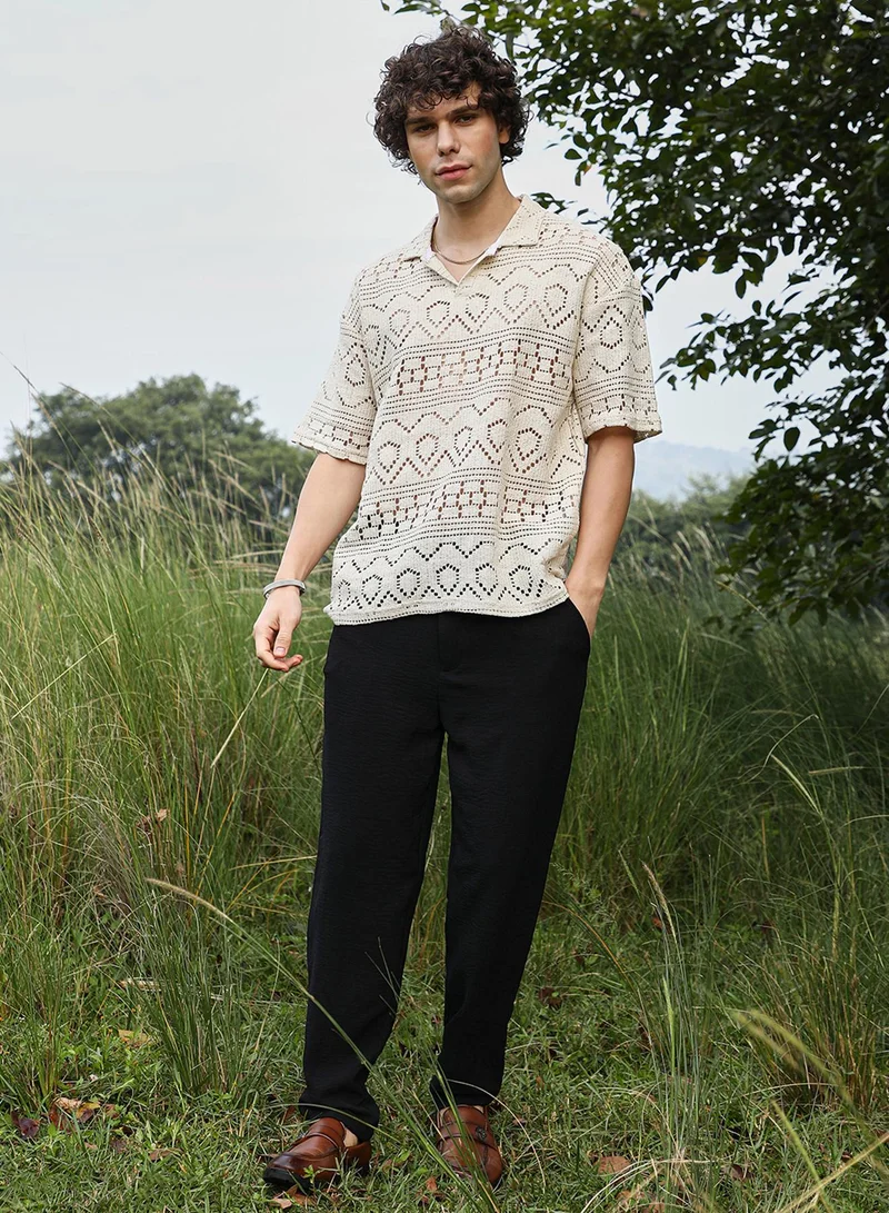 Campus Sutra Men's Off-White Bohemian Oversized Polo T-Shirt