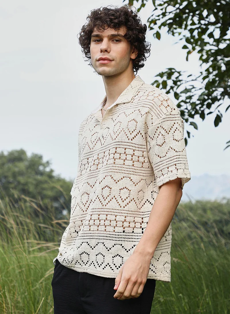 Campus Sutra Men's Off-White Bohemian Oversized Polo T-Shirt