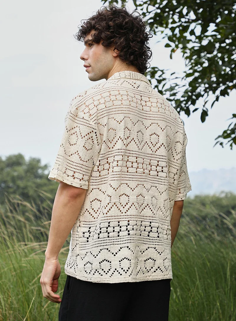 Campus Sutra Men's Off-White Bohemian Oversized Polo T-Shirt