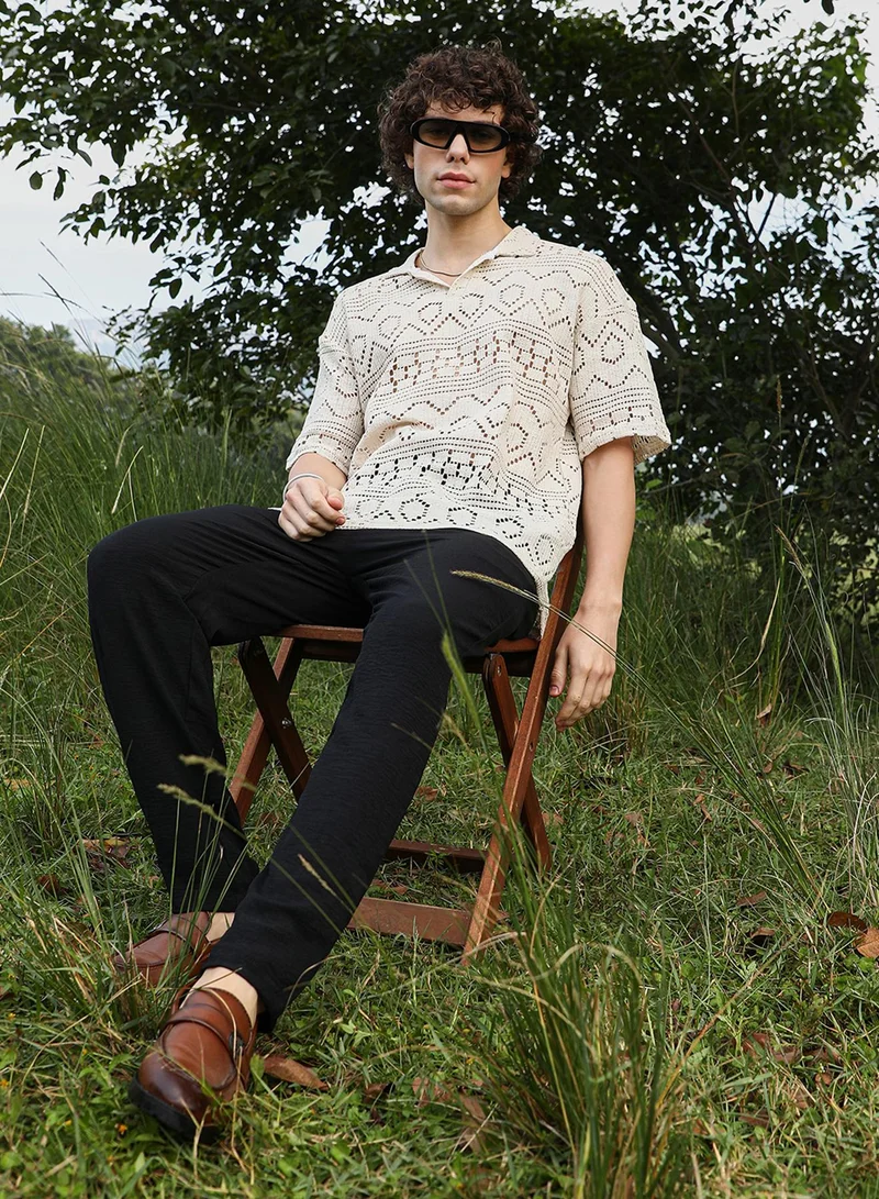 Campus Sutra Men's Off-White Bohemian Oversized Polo T-Shirt