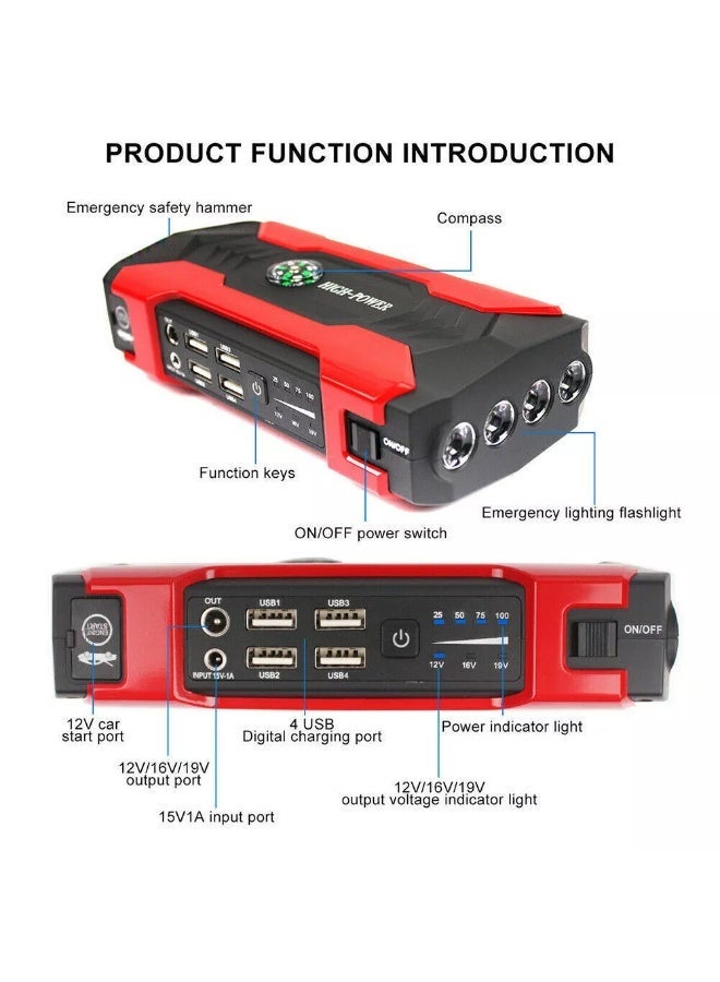 High-Power Multifunctional Car Jump Starter: A comprehensive emergency solution for your vehicle, equipped with a powerful battery, built-in LED flashlight with SOS mode and red-blue warning light, smart USB ports for fast charging, and suitable for various types of vehicles including cars, trucks, and even motorcycles. High Power jump starter, Car battery booster ,Car jump box - Image 5