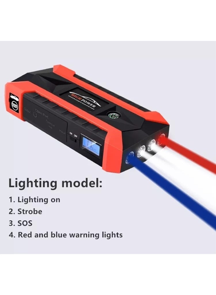 High-Power Multifunctional Car Jump Starter: A comprehensive emergency solution for your vehicle, equipped with a powerful battery, built-in LED flashlight with SOS mode and red-blue warning light, smart USB ports for fast charging, and suitable for various types of vehicles including cars, trucks, and even motorcycles. High Power jump starter, Car battery booster ,Car jump box - Image 2