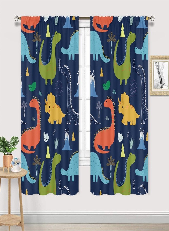 Cinbloo Dinosaur Curtains 42Wx63H Inch Rod Pocket Navy Blue Kids Cute Cartoon Dino Baby Boys Animal Art Printed Nursery Toddler Teens Cool Safari Living Room Bedroom Window Drapes Treatment 2 Panels - Image 2