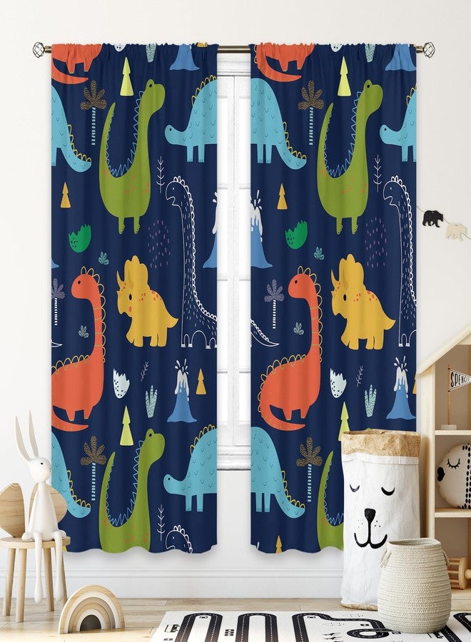 Cinbloo Dinosaur Curtains 42Wx63H Inch Rod Pocket Navy Blue Kids Cute Cartoon Dino Baby Boys Animal Art Printed Nursery Toddler Teens Cool Safari Living Room Bedroom Window Drapes Treatment 2 Panels - Image 1