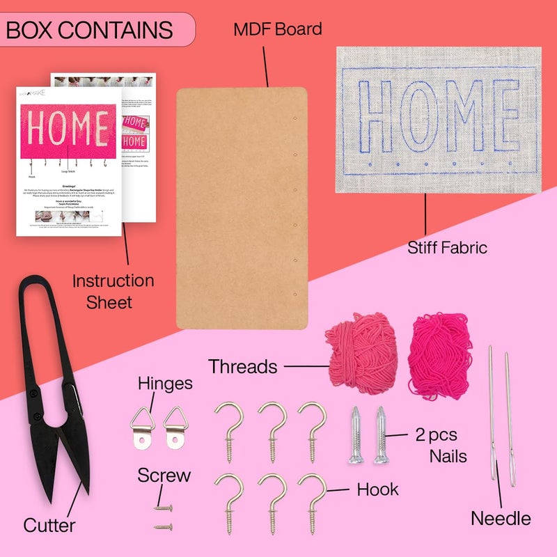 picknMAKE DIY Embroidery Keychain Holder Kit MDF Base with PrePrinted Home Design Pink Wool for Embroidery 6 Hooks Glue Hinges and AllInclusive Craft Materials - Image 2