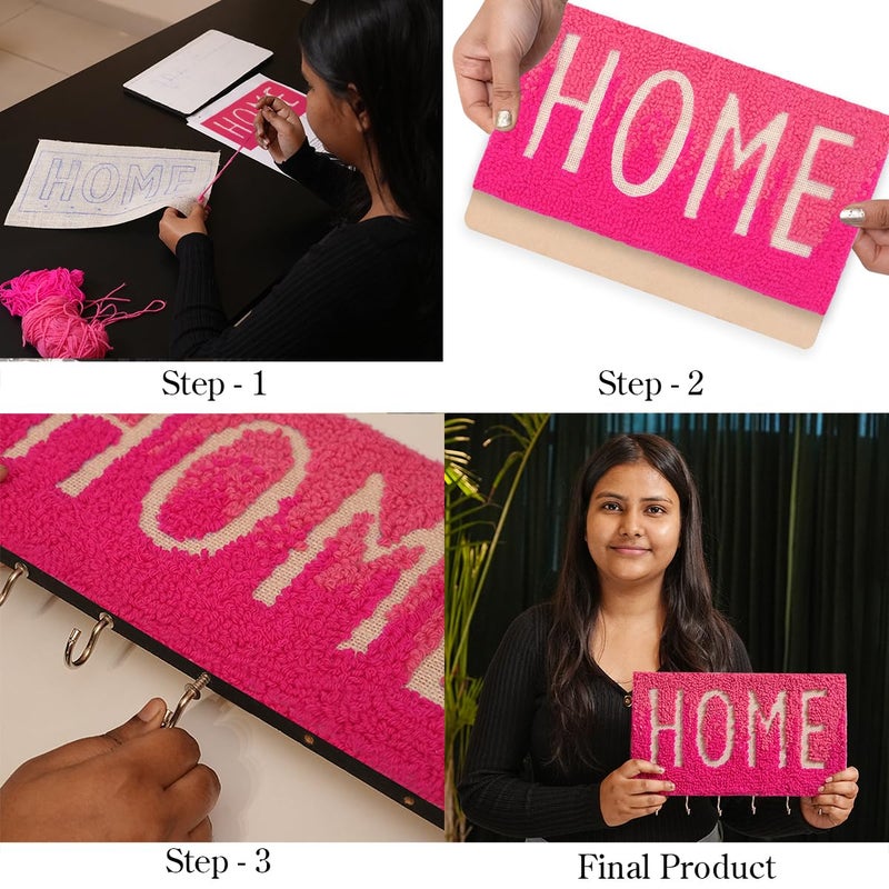 picknMAKE DIY Embroidery Keychain Holder Kit MDF Base with PrePrinted Home Design Pink Wool for Embroidery 6 Hooks Glue Hinges and AllInclusive Craft Materials - Image 4