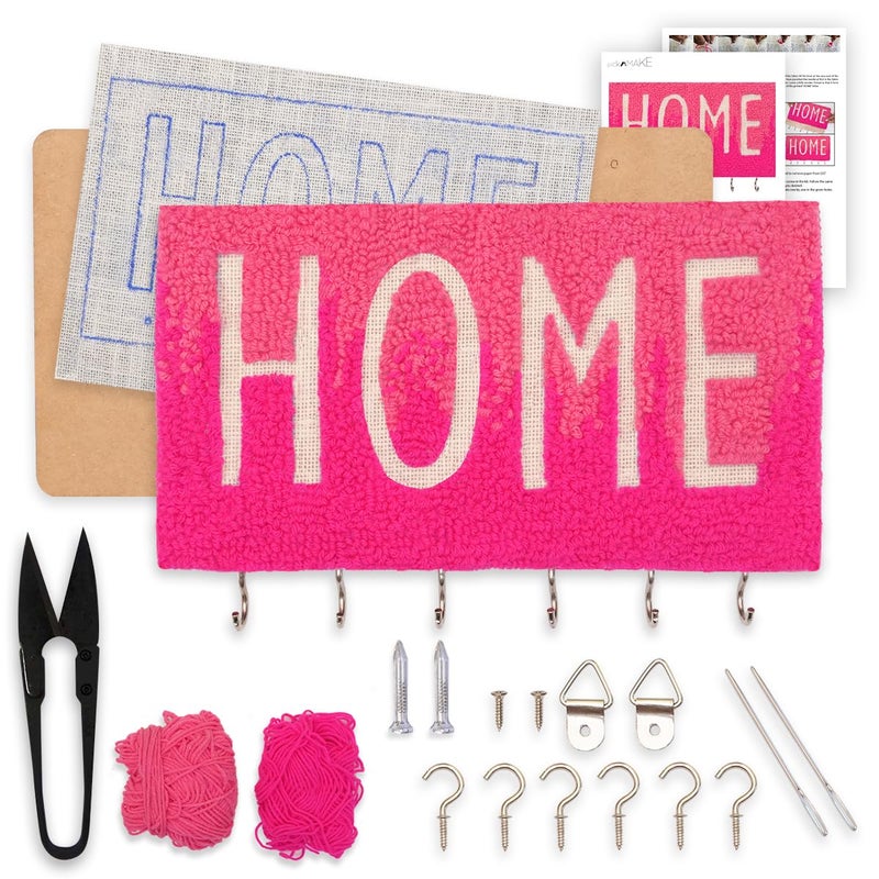picknMAKE DIY Embroidery Keychain Holder Kit MDF Base with PrePrinted Home Design Pink Wool for Embroidery 6 Hooks Glue Hinges and AllInclusive Craft Materials - Image 1